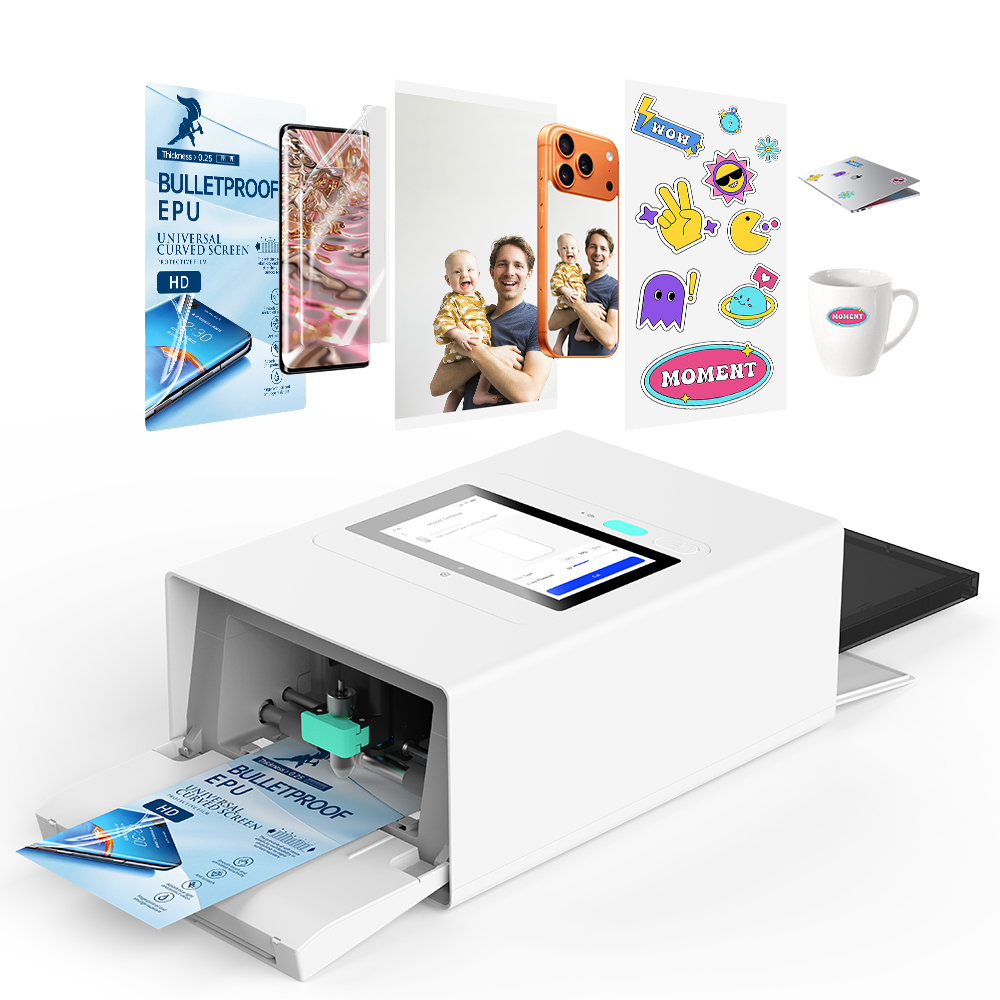 Photo Printer - เครื่องพิมพ์สติกเกอร์โทรศัพท์มือถือแบบ 3-in-1 พร้อมระบบพิมพ์ภาพด้วยความร้อนและเครื่องตัด สำหรับทำฟิล์มกันรอยหน้าจอและด้านหลังแบบ DIY