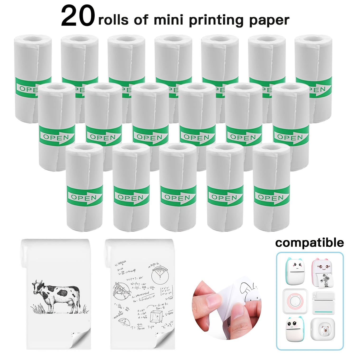 Photo Printer - 20 ม้วนสีขาวความร้อนสติกเกอร์กระดาษ Self-Adhesive Mini เครื่องพิมพ์เติมสําหรับรูปภาพ/รายการเช็ค/หมายเหตุการพิมพ์ข้อความสีดํา 57x25
